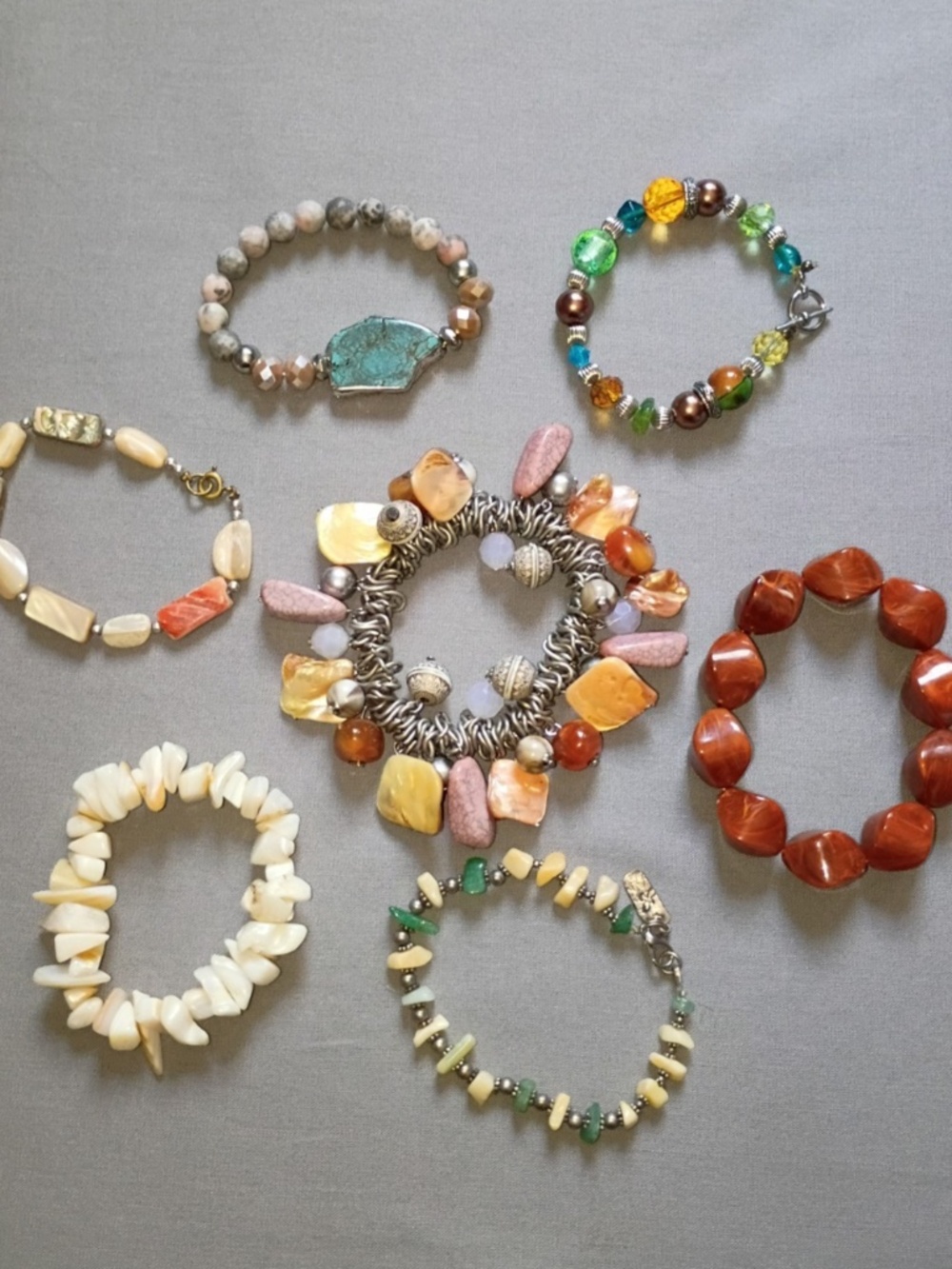 7- Lot Boho Eclectic Stone Bead Stretch Vtg Bracelets Neutrals Jewelry